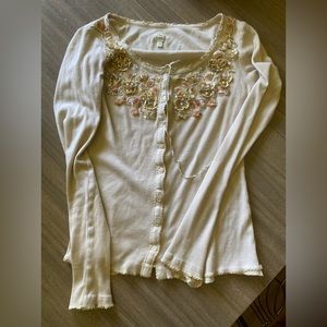 Long Sleeve Cream Blouse Bejeweled